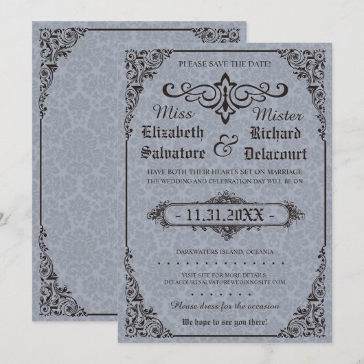 Blue Gothic Viktorianisch Damask Speichern Sie die Save The Date (Vorne/Hinten)