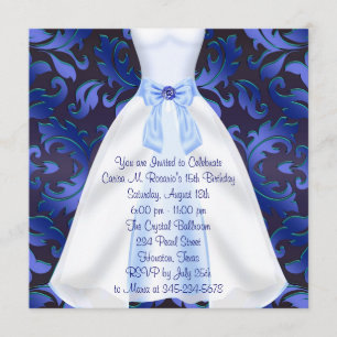 Blue Gown Blue Damask Quinceanera Geburtstagsparty Einladung