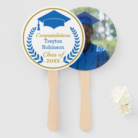 Blue Grad Cap Abschluss Foto Handfächer (Vorne und Hinten)