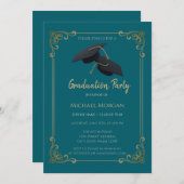 Blue Grad Cap Frame Teal Graduation Einladung (Vorne/Hinten)