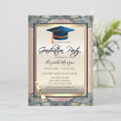 Blue Grad Cap, Wein, Confetti Rose Gold Abschluss Einladung (Stehend Vorderseite)