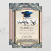 Blue Grad Cap, Wein, Confetti Rose Gold Abschluss Einladung (Vorne/Hinten)