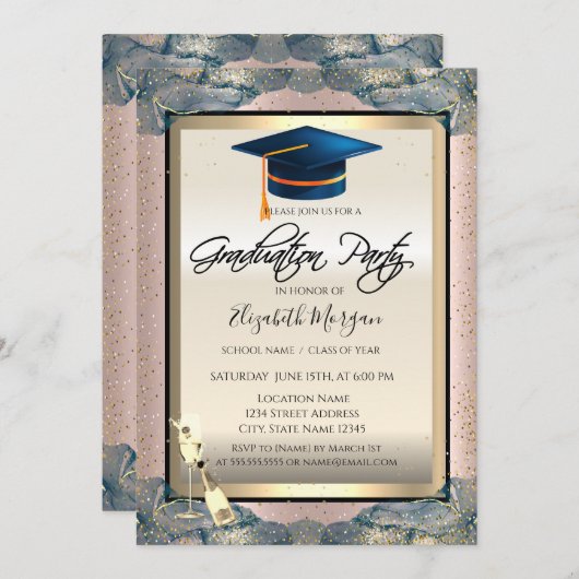 Blue Grad Cap, Wein, Confetti Rose Gold Abschluss Einladung (Vorne/Hinten)