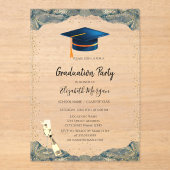 Blue Grad Cap, Wine Glass Confetti Abschluss Acryleinladungen (Vorderseite)