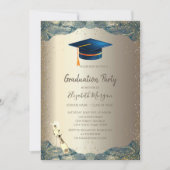 Blue Grad Cap, Wine Glass Confetti Abschluss Einladung (Vorderseite)
