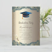 Blue Grad Cap, Wine Glass Confetti Abschluss Einladung (Stehend Vorderseite)