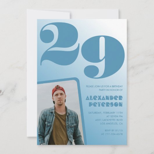 Blue Gradient 29. Geburtstagseinladungen Boy Foto Einladung (Vorderseite)
