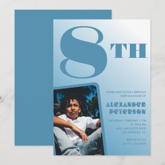 Blue Gradient 8. Geburtstag Einladungen Foto (Vorne/Hinten)