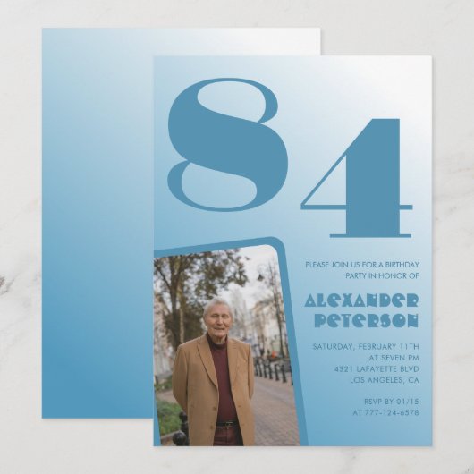 Blue Gradient Foto 84. Geburtstag Einladung (Vorne/Hinten)