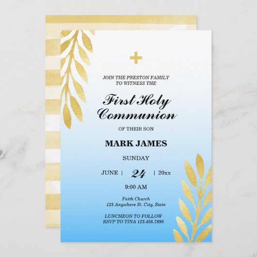 Blue Gradient & Gold Blätter Erste Heilige Kommune Einladung (Vorne/Hinten)