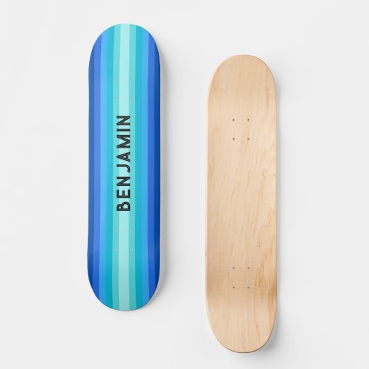 Blue Gradient Strip Skateboard mit Namen (Vorderseite)