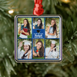 Blue Graduate Foto Collage 2023 Square Abschluss Ornament Aus Metall<br><div class="desc">Dieses moderne,  blaue Foto-Collage Weihnachtsschmuck zeigt Ihre Lieblings-6 Studentenfotos. Dieses Abschluss-Sake-Geschenk enthält eine klassische weiße Typografie Ihres High School- oder Uni-Namens für die Klasse von 2023. Passen Sie dieses quadratische Ornament mit Ihrem geschlossen Jahr unter der schwarzen Graduierkappe an.</div>