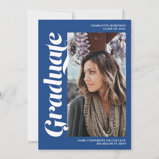 Blue Graduate Script 3 Foto Abschluss Einladung (Vorderseite)
