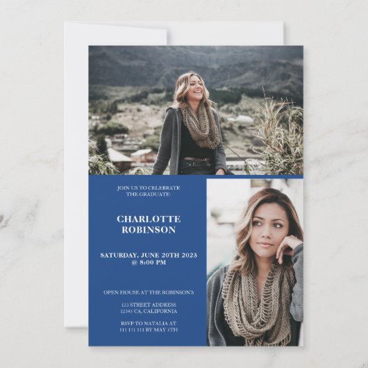 Blue Graduate Script 3 Foto Abschluss Einladung (Rückseite)