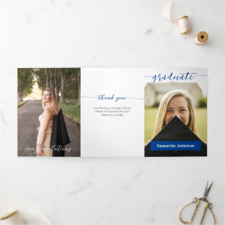 Blue Graduate Script Modern Drei Foto Dreifach Gefaltete Einladung