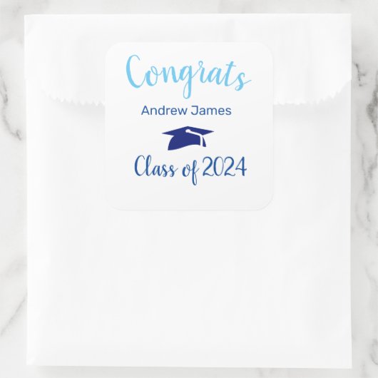 Blue Graduation Cap 2023 - Glückwunsch Quadratischer Aufkleber (Tasche)