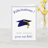 Blue Graduation Cap - Glückwunsch in Französisch Karte (Gelbe Blume)