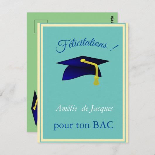 Blue Graduation Cap - Glückwünsche in Französisch Postkarte (Vorne/Hinten)