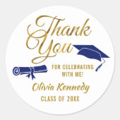 Blue Graduation Cap Gold Thank You Script Favor Runder Aufkleber (Vorderseite)