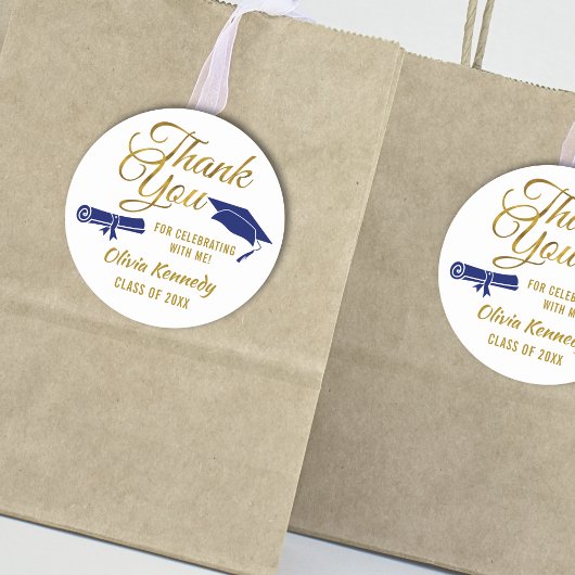 Blue Graduation Cap Gold Thank You Script Favor Runder Aufkleber