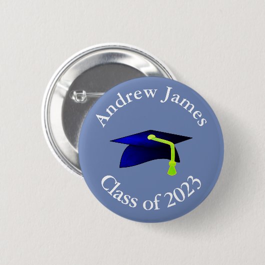 Blue Graduation Cap - Klasse von 2023 - Ihr Name Button (Vorne & Hinten)