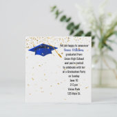 Blue Graduation Cap mit Gold Confetti Einladung (Stehend Vorderseite)