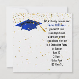 Blue Graduation Cap mit Gold Confetti Einladung