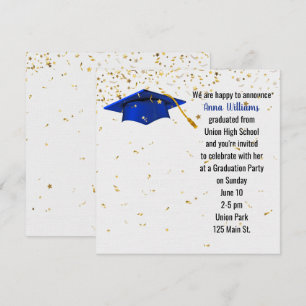 Blue Graduation Cap mit Gold Confetti Einladung