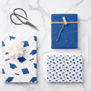 Blue Graduation Cap Toss Geschenkpapier Set