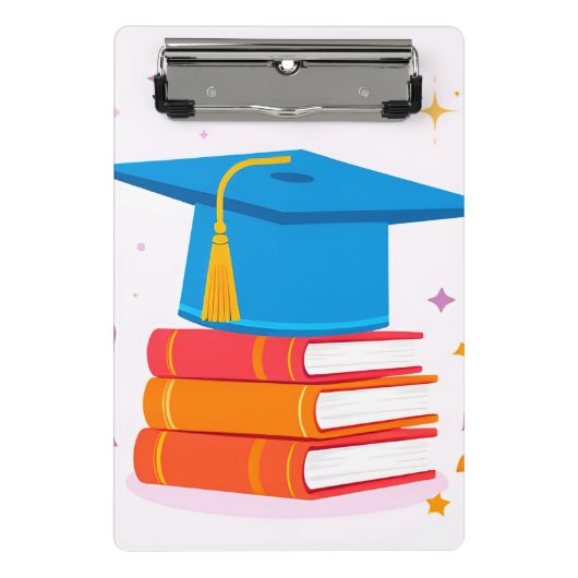 Blue Graduation Cap with Books Mini Klemmbrett (Vorderseite)