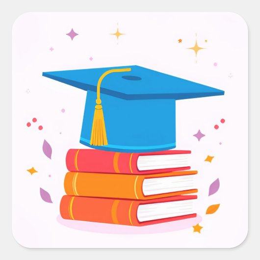 Blue Graduation Cap with Books Quadratischer Aufkleber (Vorderseite)