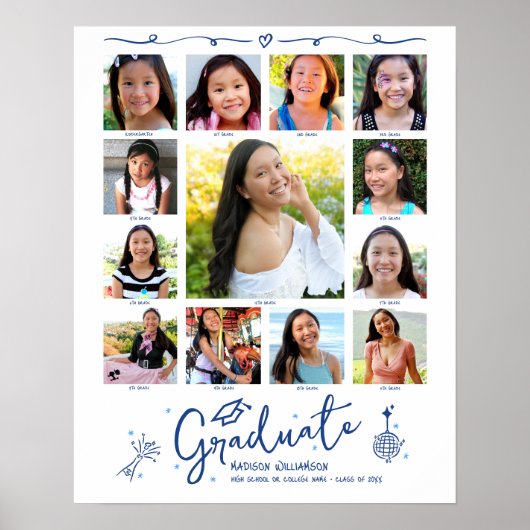Blue Graduation K–12 Photo Collage Doodles White Poster (Vorne)