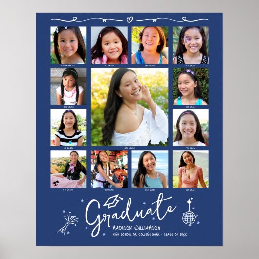 Blue Graduation K–12 Photo Collage White Doodles Poster (Vorne)