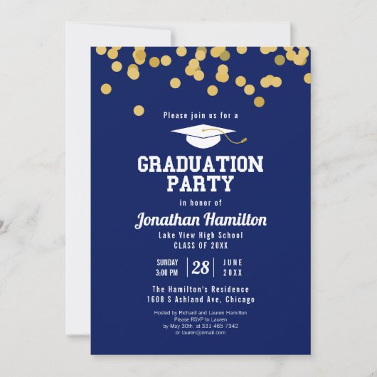 Blue Graduation Party Confetti Einladung (Vorderseite)
