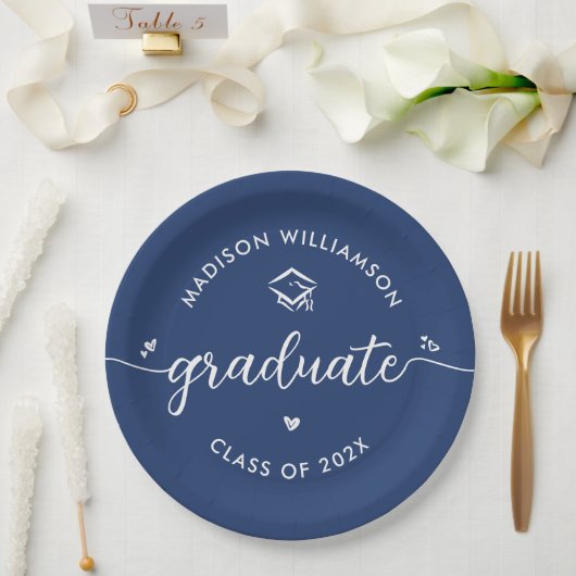 Blue Graduation Script Hearts Cap Icon Fun Modern Pappteller (Hochzeit)
