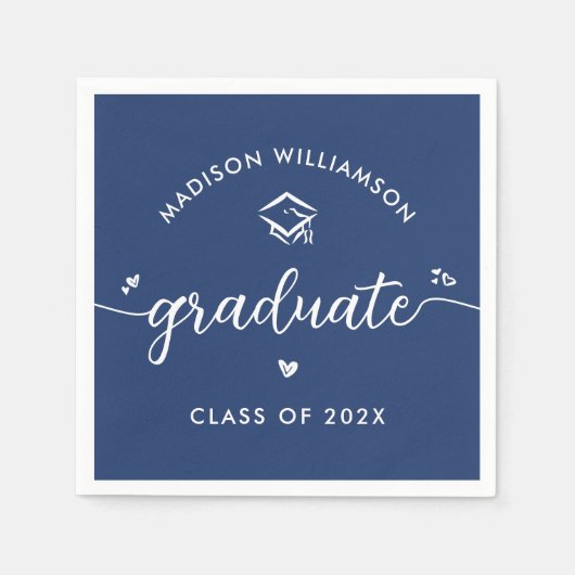 Blue Graduation Script Hearts Cap Icon Modern Fun Serviette (Vorderseite)