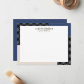 Blue Grau Kariert Colorblock Monogram Name & City Mitteilungskarte (Vorderseite/Rückseite Beispiel)