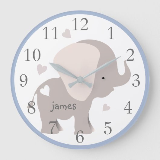 Blue Graue Elephant Kinderzimmer Wall Clock Große Wanduhr (Vorderseite)