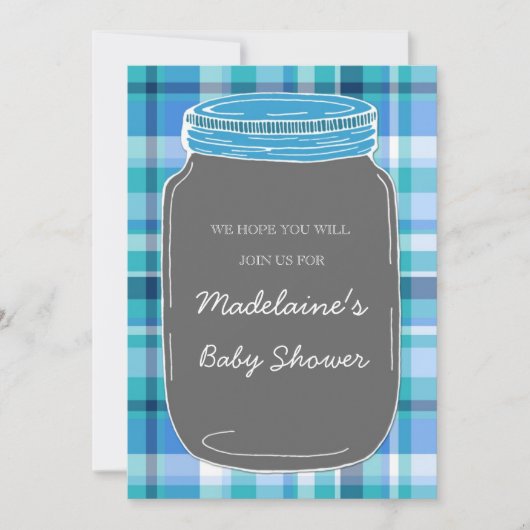 Blue Graue Mason Jar Custom Baby Dusche Einladunge Einladung (Vorderseite)
