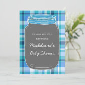 Blue Graue Mason Jar Custom Baby Dusche Einladunge Einladung (Stehend Vorderseite)