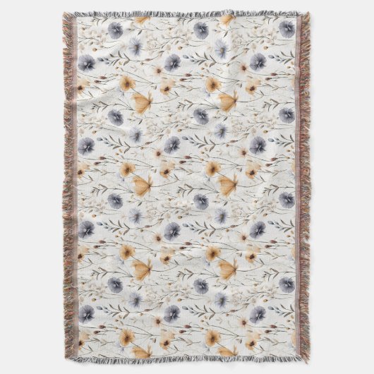 Blue Gray Beige Brown White Boho Blume Botanisch Decke (Vorderseite Vertikal)