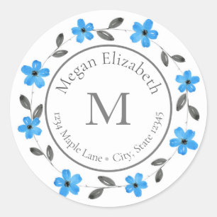Blue Gray Black Watercolor Blumenetiketten Runder Aufkleber