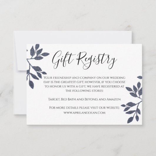 Blue Gray Botanical Glitzer Wedding Registry Card Einladung (Vorderseite)