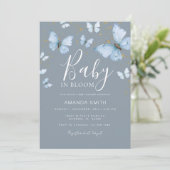 Blue Gray Butterfly Baby in Bloom Baby Dusche Einladung (Stehend Vorderseite)