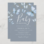 Blue Gray Butterfly Baby in Bloom Baby Dusche Einladung (Vorne/Hinten)