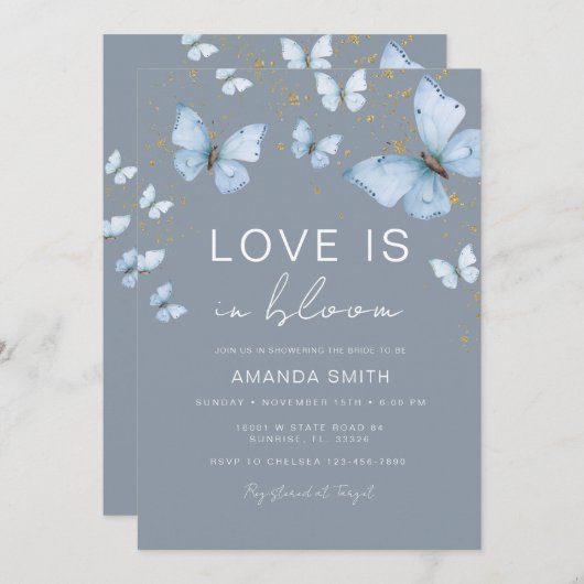 Blue Gray Butterfly Lieben im Bloom Brautparty Einladung (Vorne/Hinten)