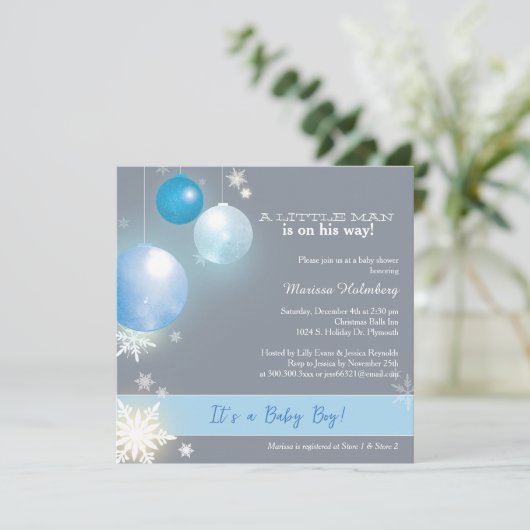 Blue & Gray Christmas Baby Boy Dusche Einladung (Stehend Vorderseite)