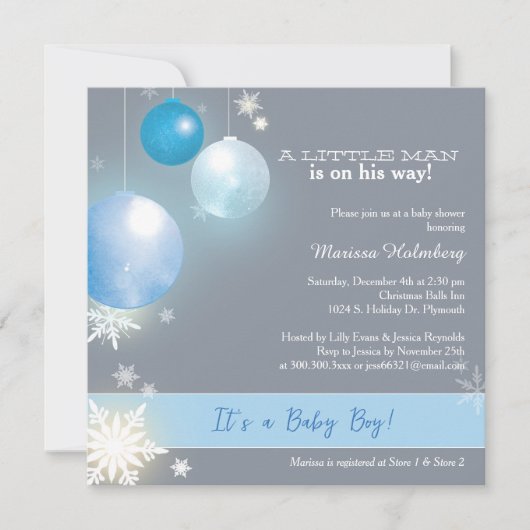 Blue & Gray Christmas Baby Boy Dusche Einladung (Vorderseite)