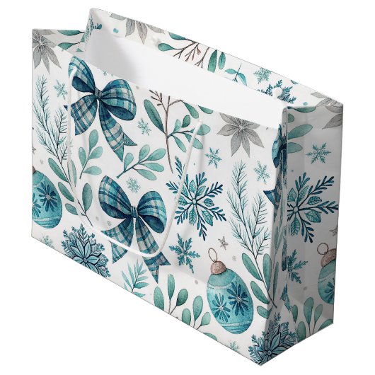 BLUE & GRAY CHRISTMAS BALLS & BOWS GROßE GESCHENKTÜTE (Vorderseite Schrägansicht)