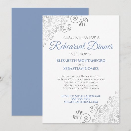 Blue & Gray Curls Hochzeitsessen Probe Einladung (Vorne/Hinten)